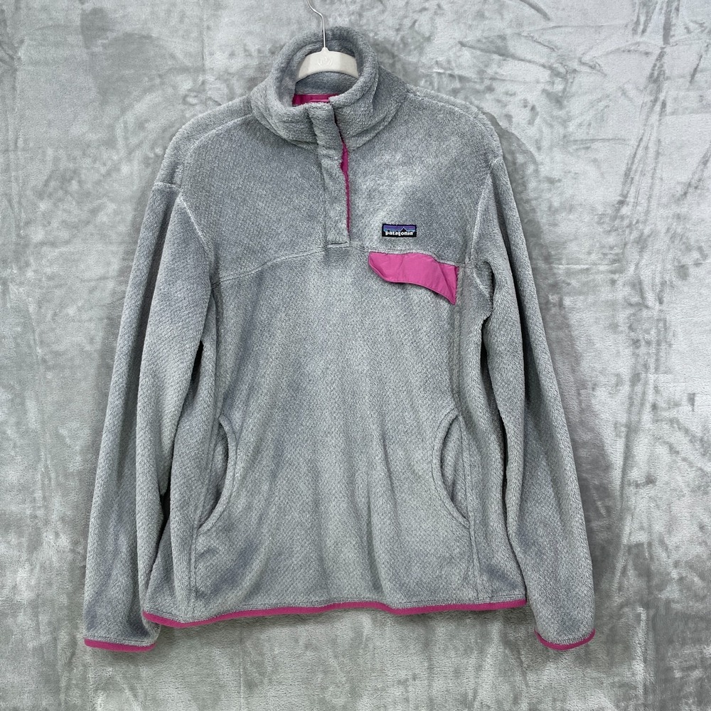 Patagonia Snap T Pullover Womens Large Fleece Pile Gray  Pink Sweater  w/HOLE!